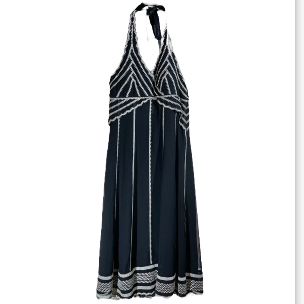 Eliza J Black and Silver Halter Chiffon Embroidered Overlay Straight Midi Dress